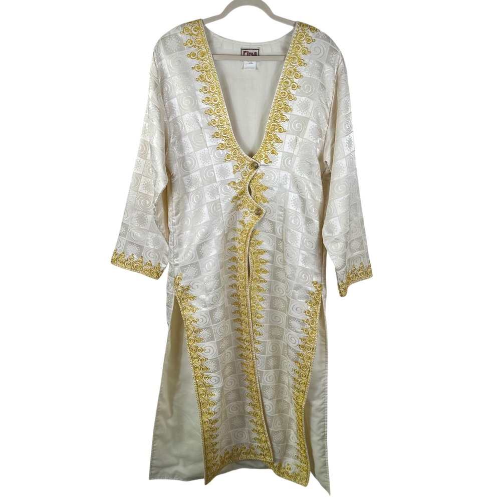 Vintage Rima Kaftan Womens L Cream Gold Embroidered Ethnic Boho Maxi Dress Cover